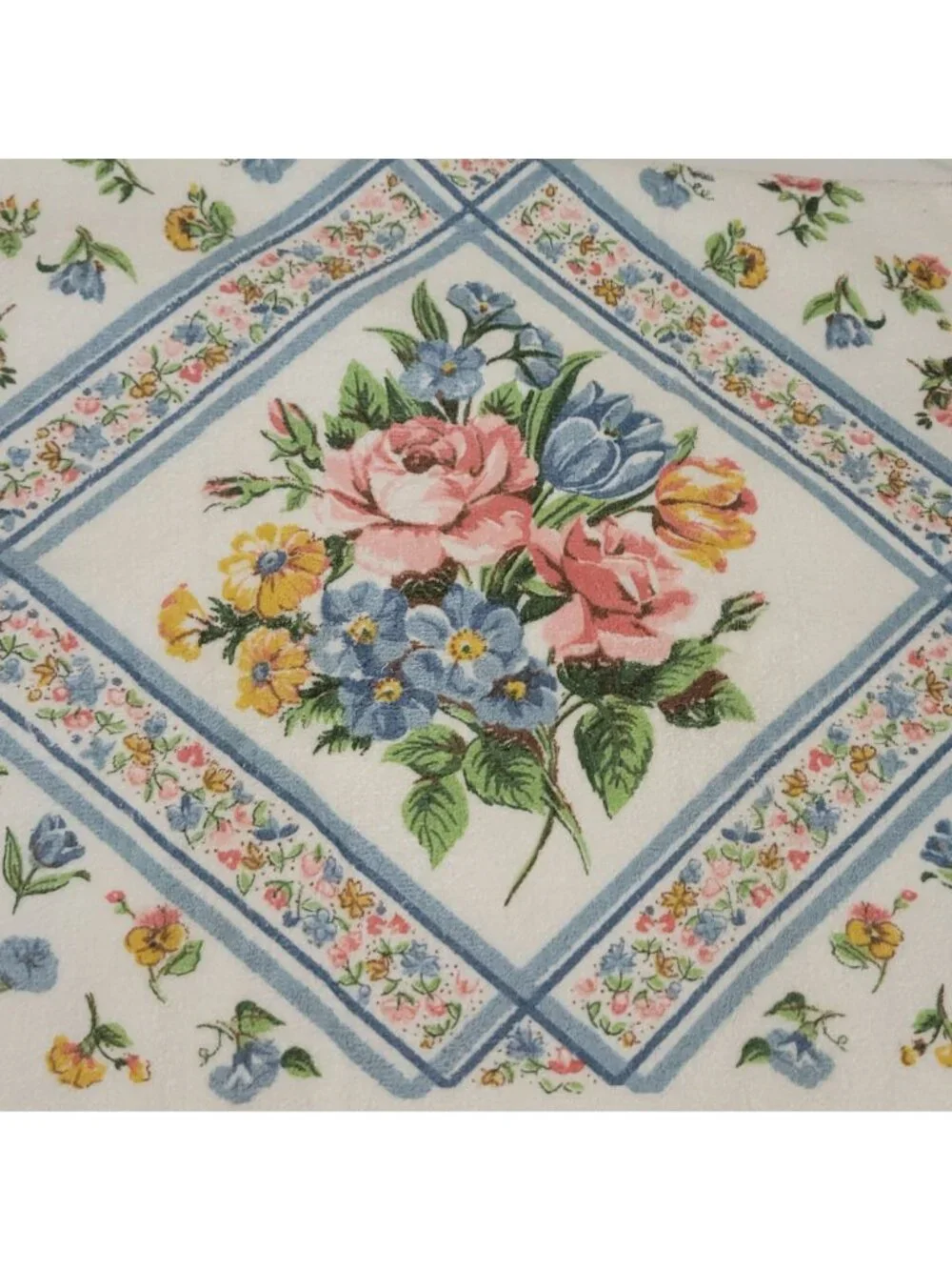 Vtg Lady Pepperell Floral Bath Towel Set Cotton Blend Fringe Blue Pink Made In U